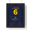 Spain World Cup Final 2010 Poster - Andrés Iniesta 6 116th Minute Winner Shirt Print framed in a black frame, ready to hang