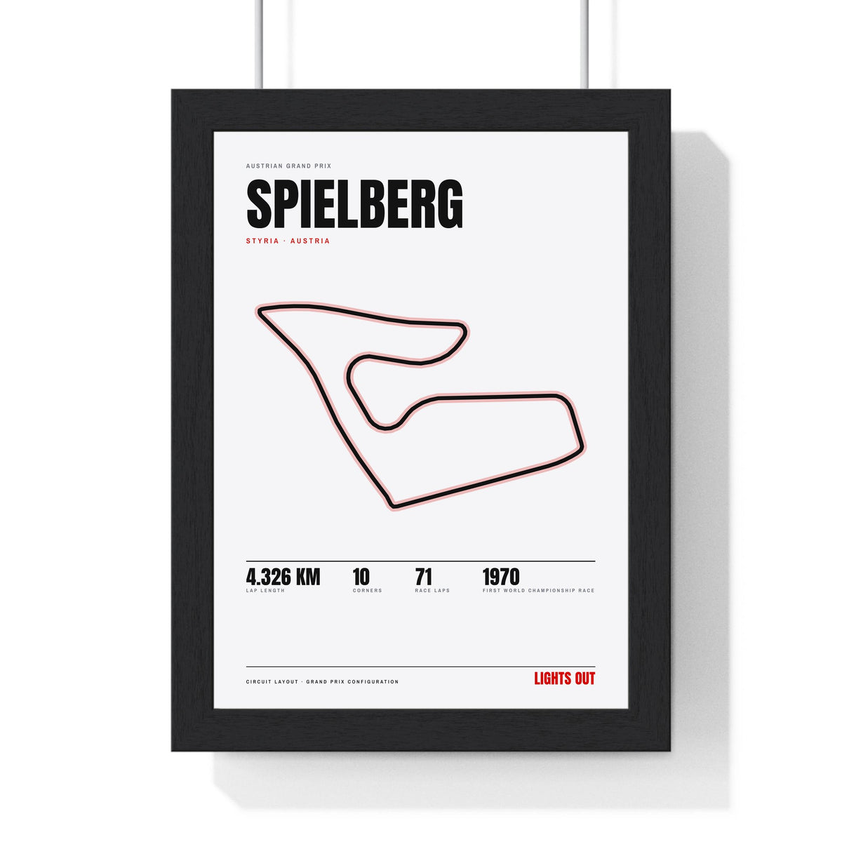 Spielberg Circuit print White framed in a black frame, ready to hang