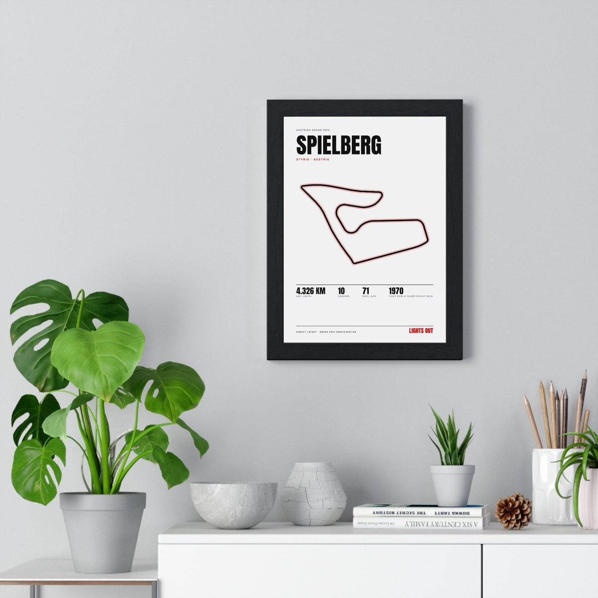Spielberg Circuit print White framed on a living room wall
