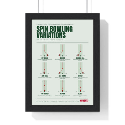 Spin Bowling Variations Cricket print framed in a black frame, ready to hang