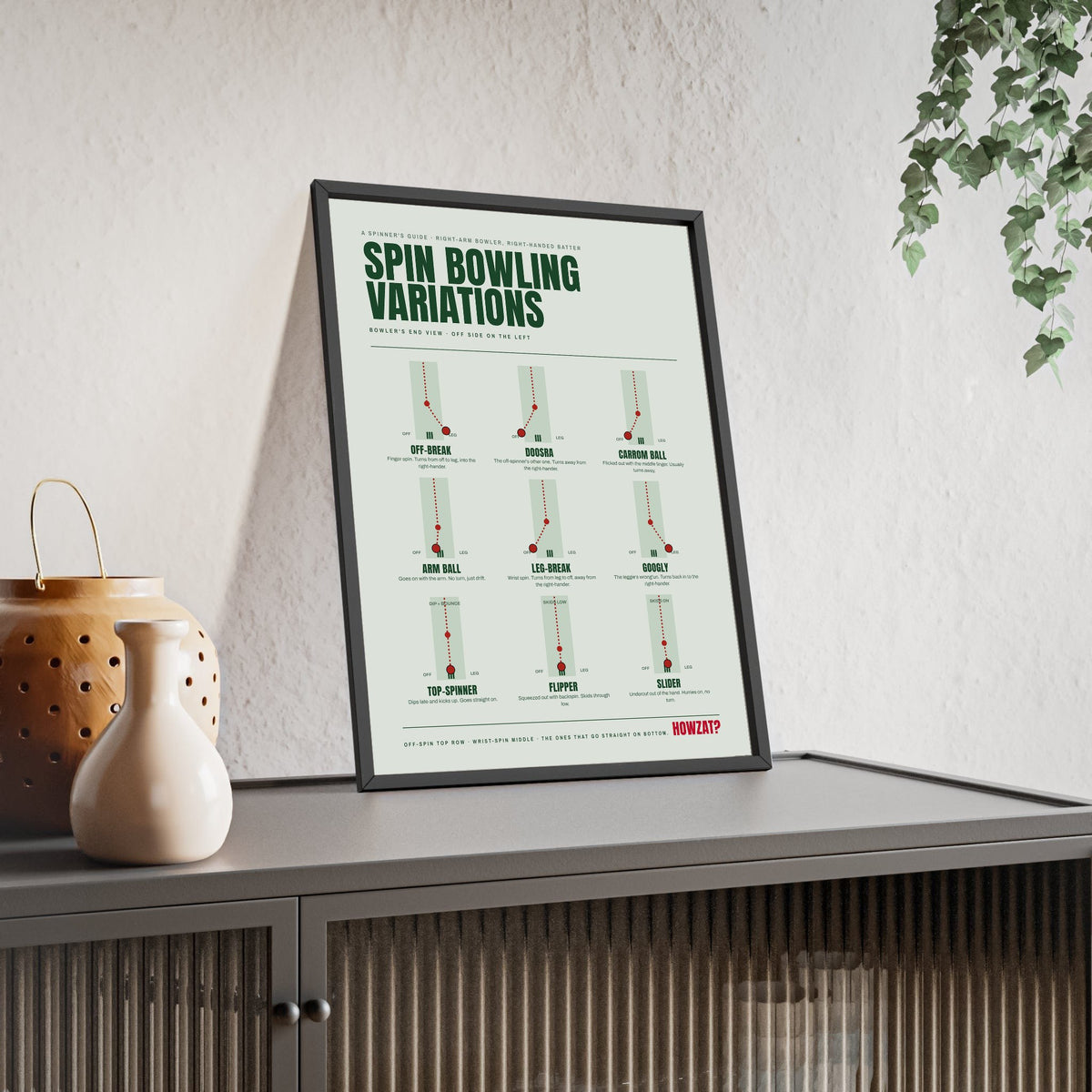 Spin Bowling Variations Cricket print framed and leaning on a sideboard