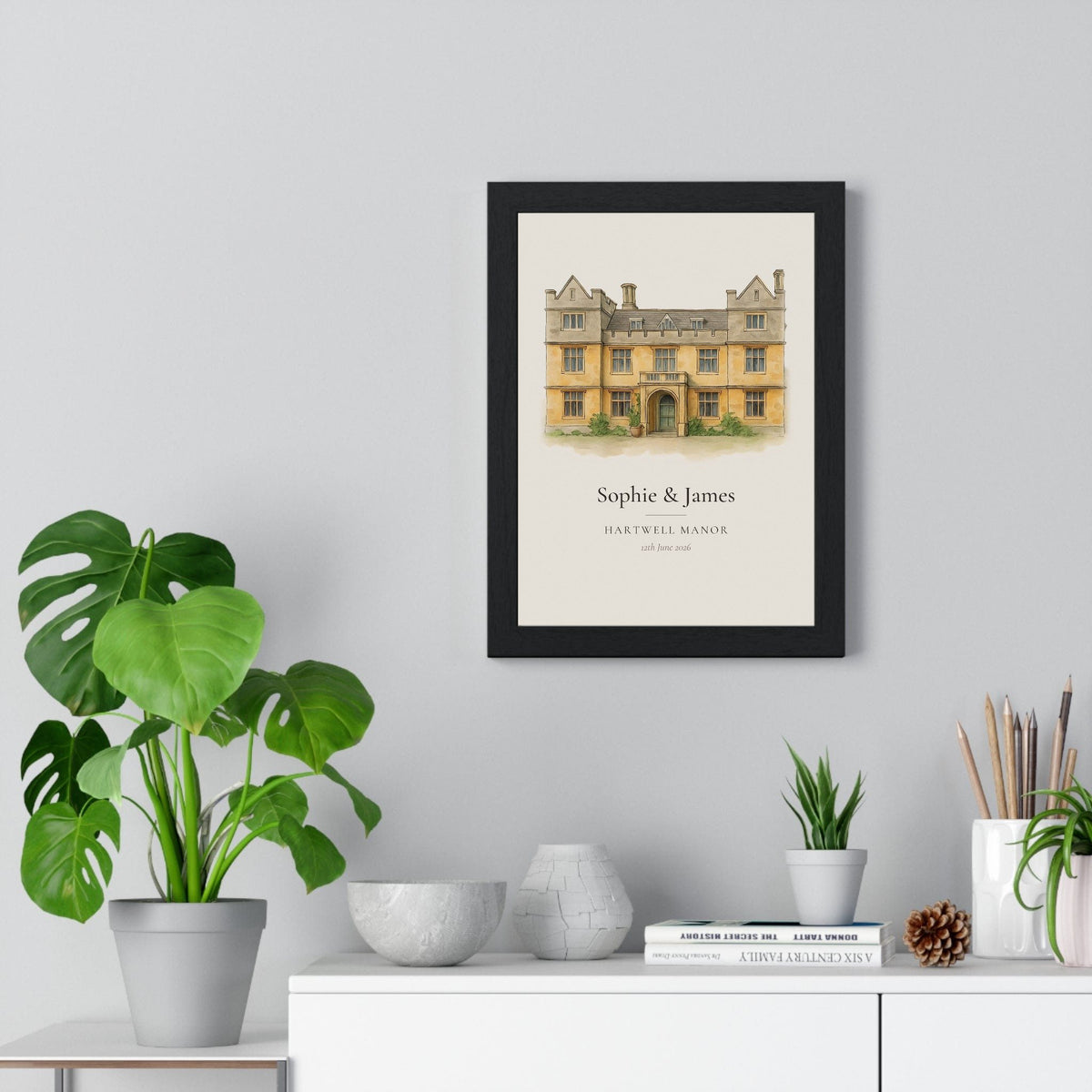 Wedding venue illustration from photo: a stone manor house painted in watercolour and ink, with the couple names, venue name and wedding date, framed anniversary print