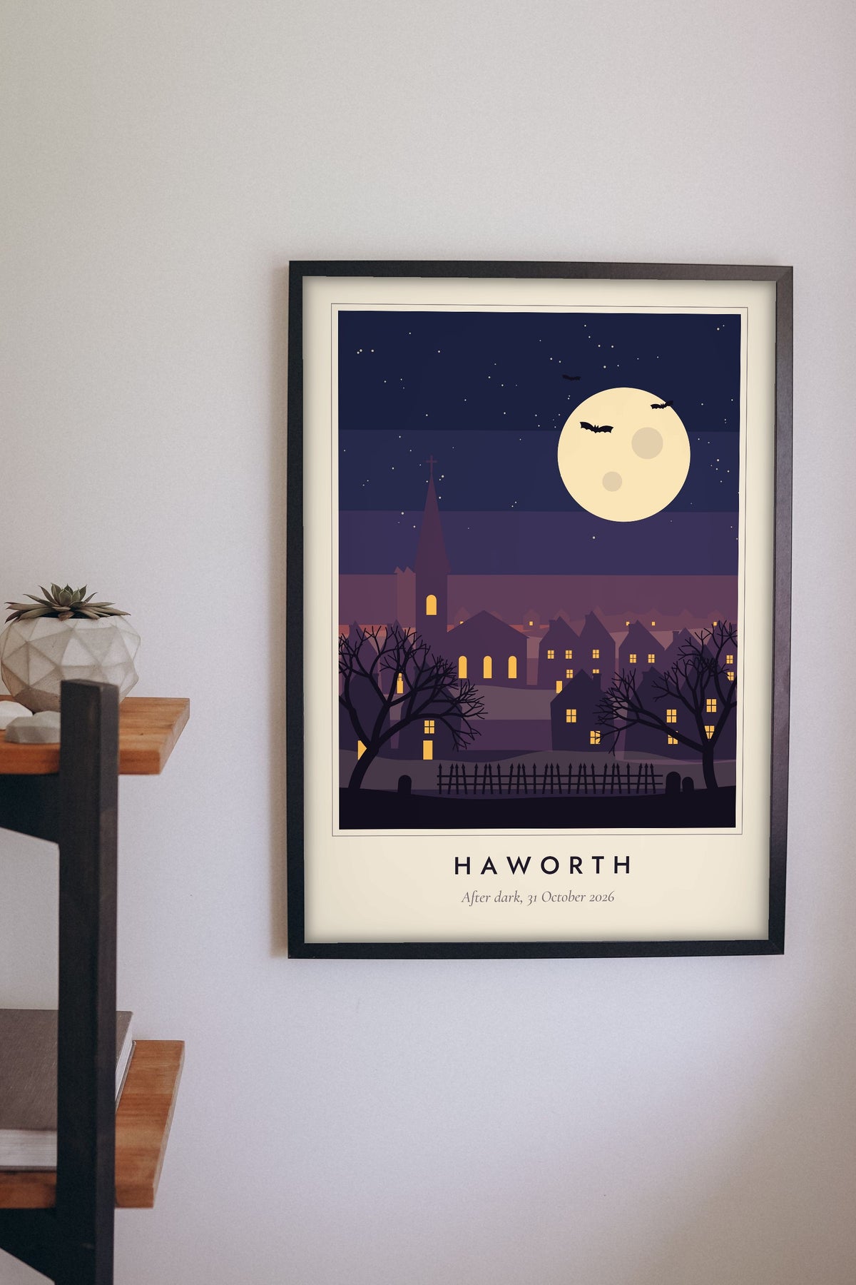 Spooky Village at Night Print - spooky village print on a living room wall