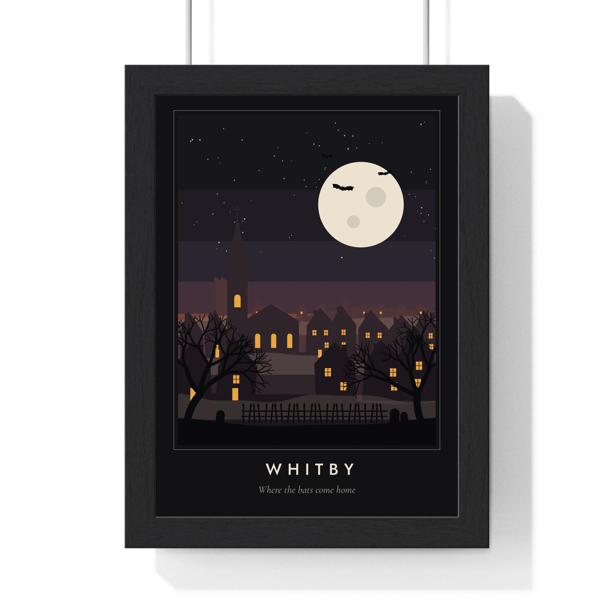 Spooky Village at Night Print - framed black Whitby version