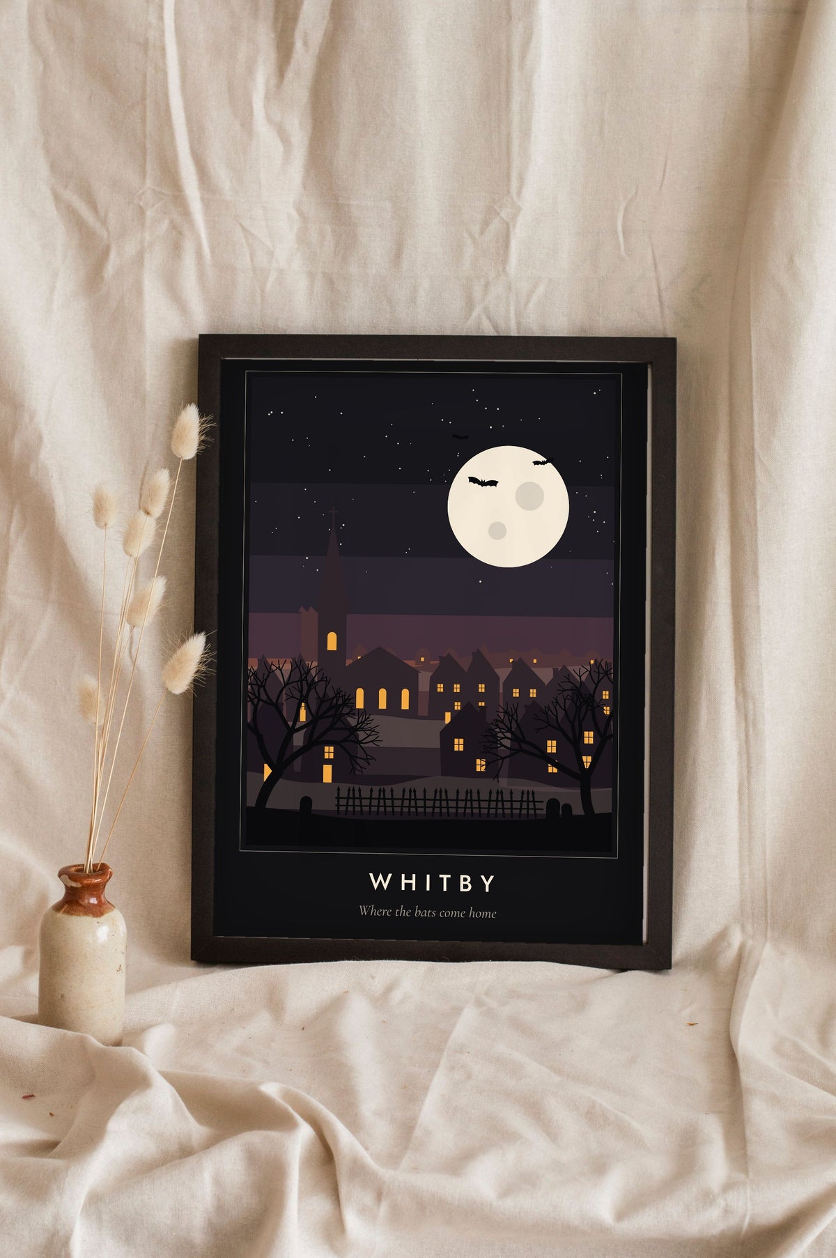 Spooky Village at Night Print - black Whitby version of the spooky village print