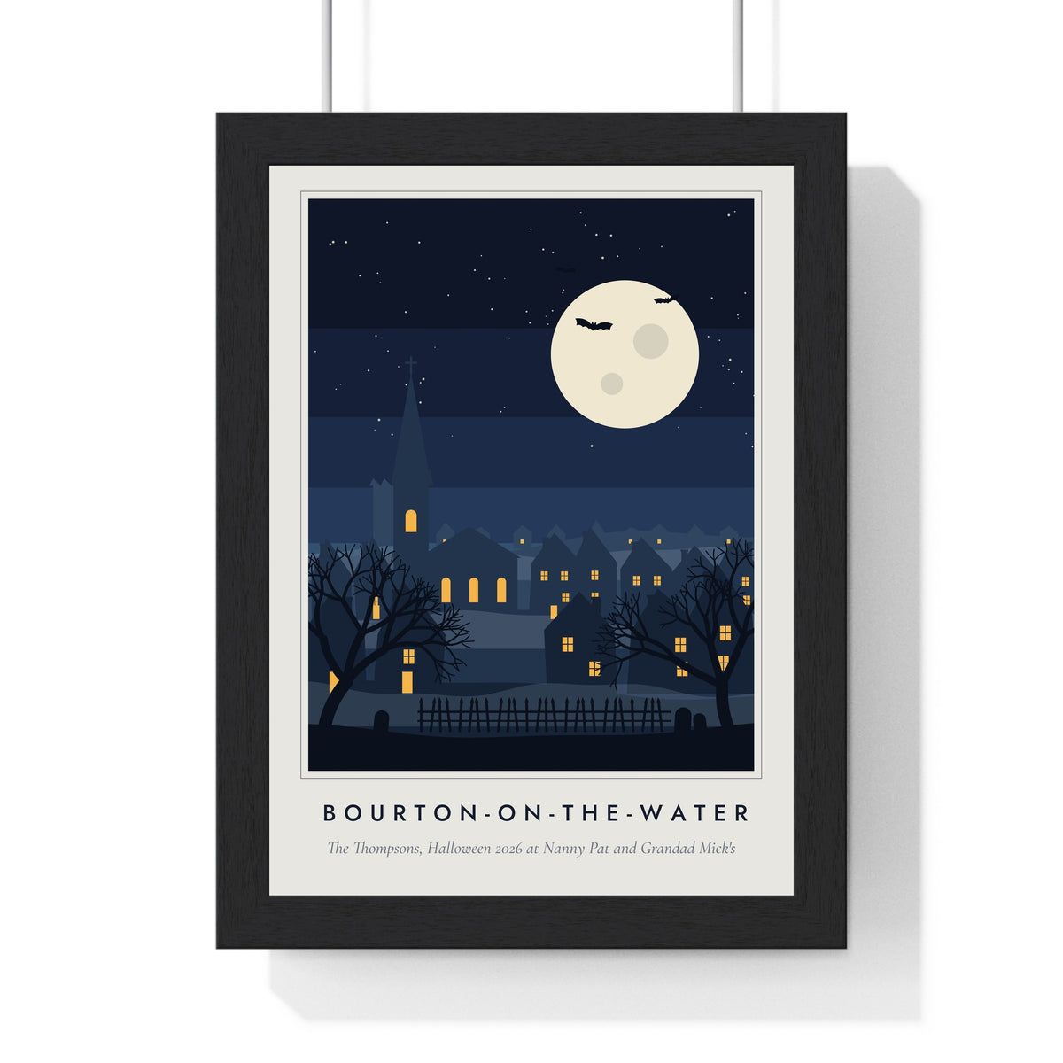 Spooky Village at Night Print - framed midnight blue version with a long village name
