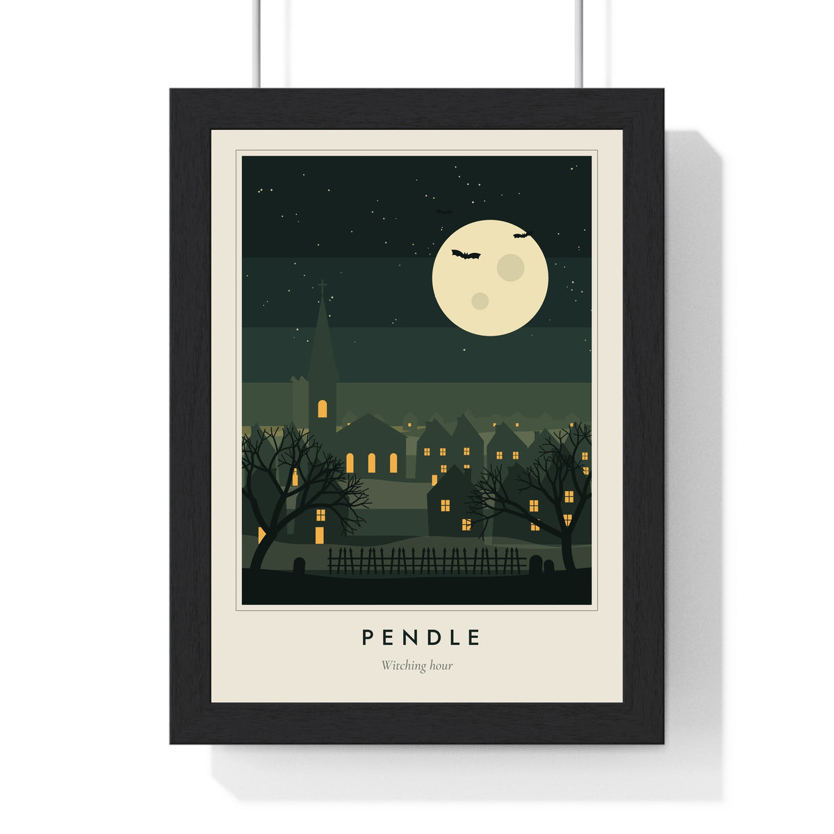 Spooky Village at Night Print - framed moss and amber Pendle version