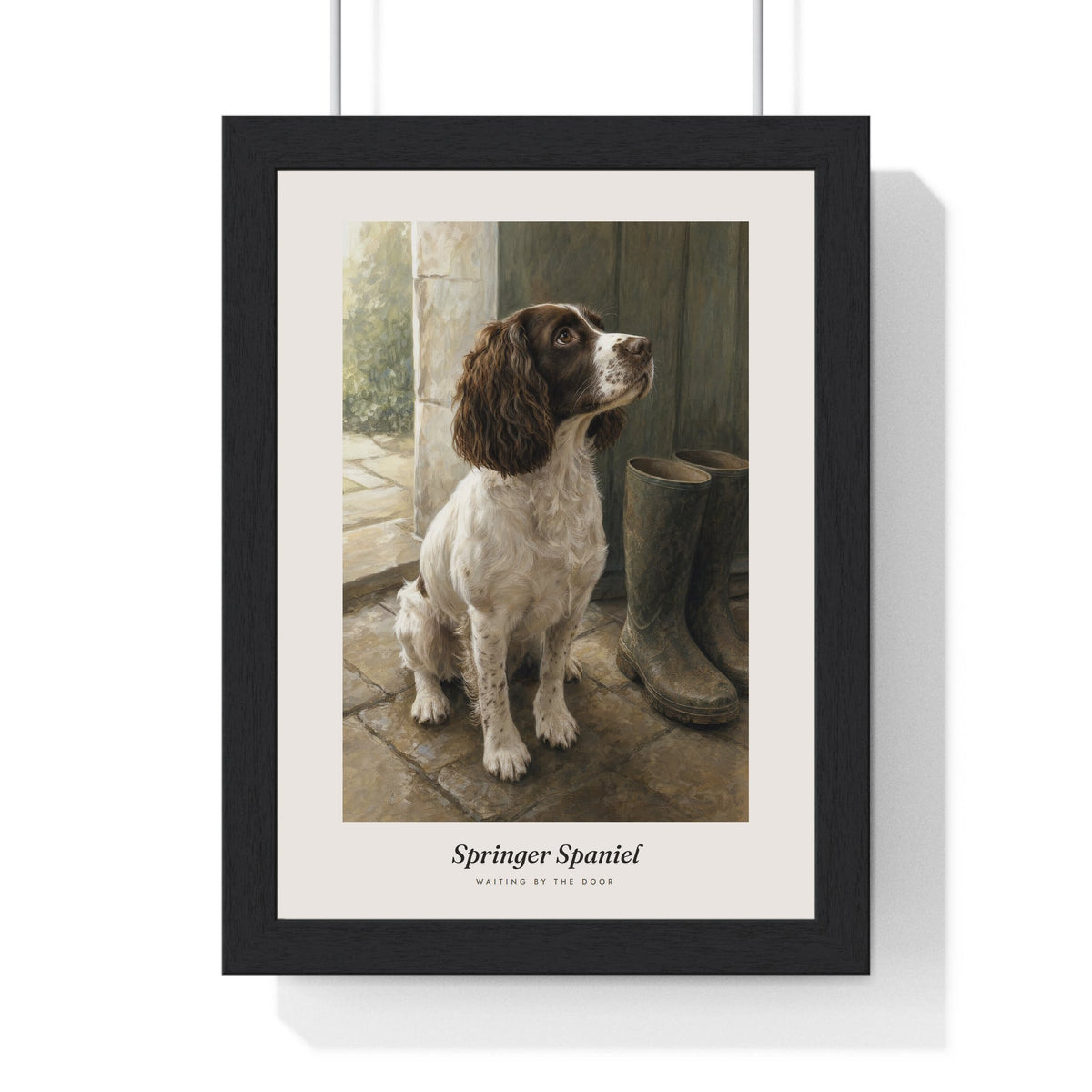 Springer Spaniel Print framed in a black frame, ready to hang