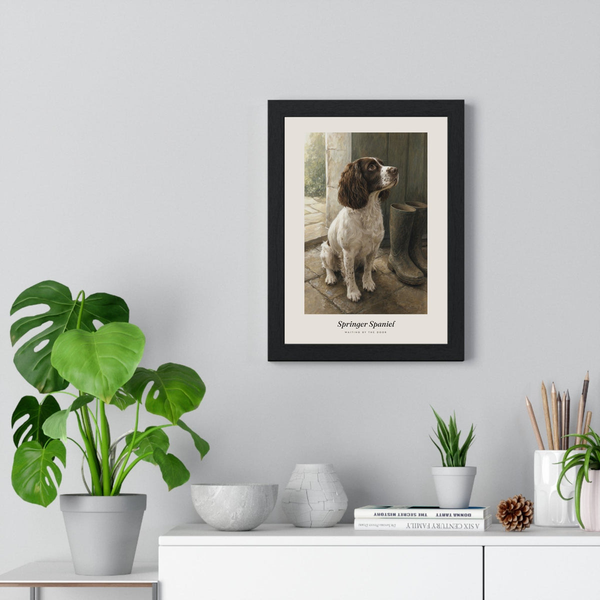 Springer Spaniel Print framed on a living room wall
