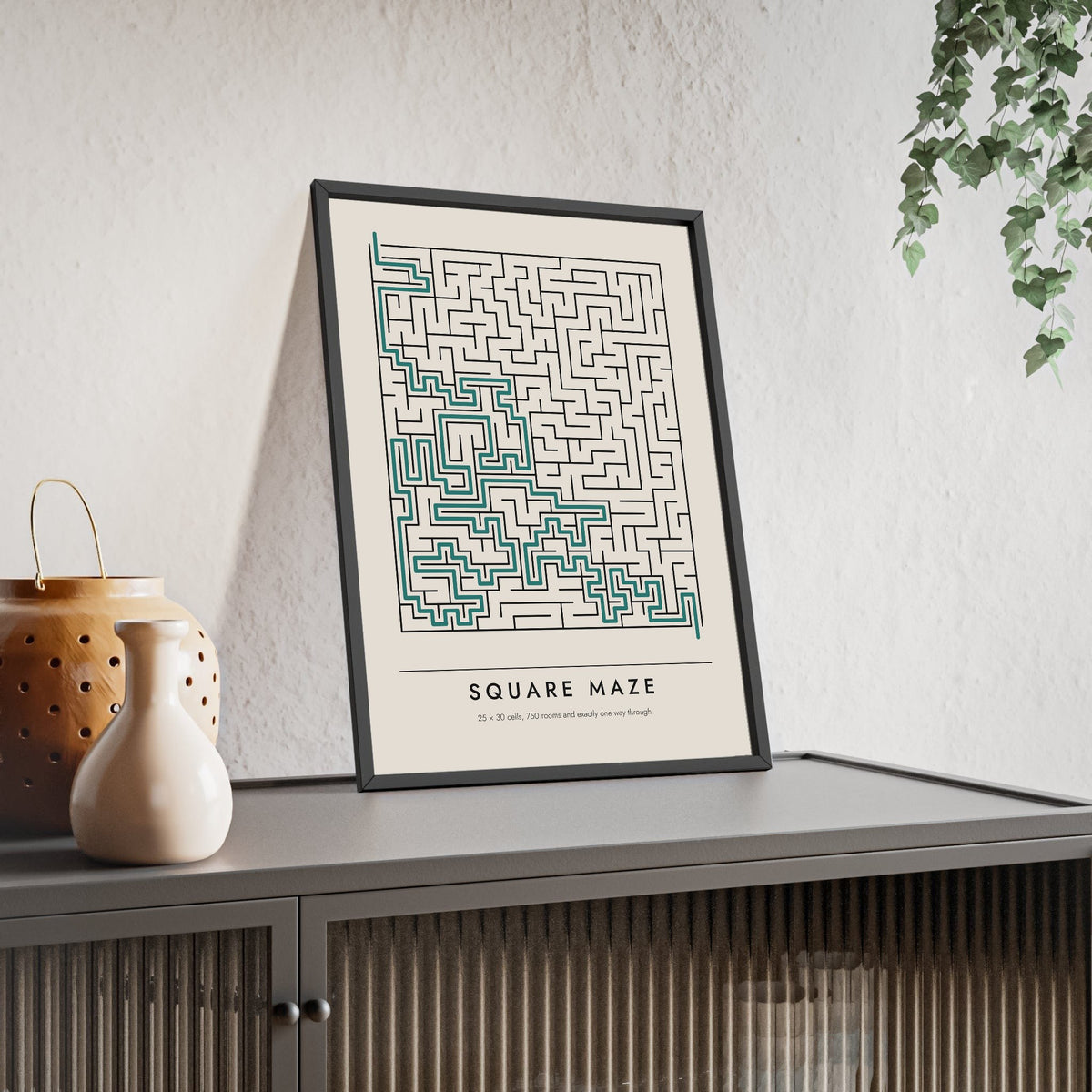 Square Maze print framed and leaning on a sideboard