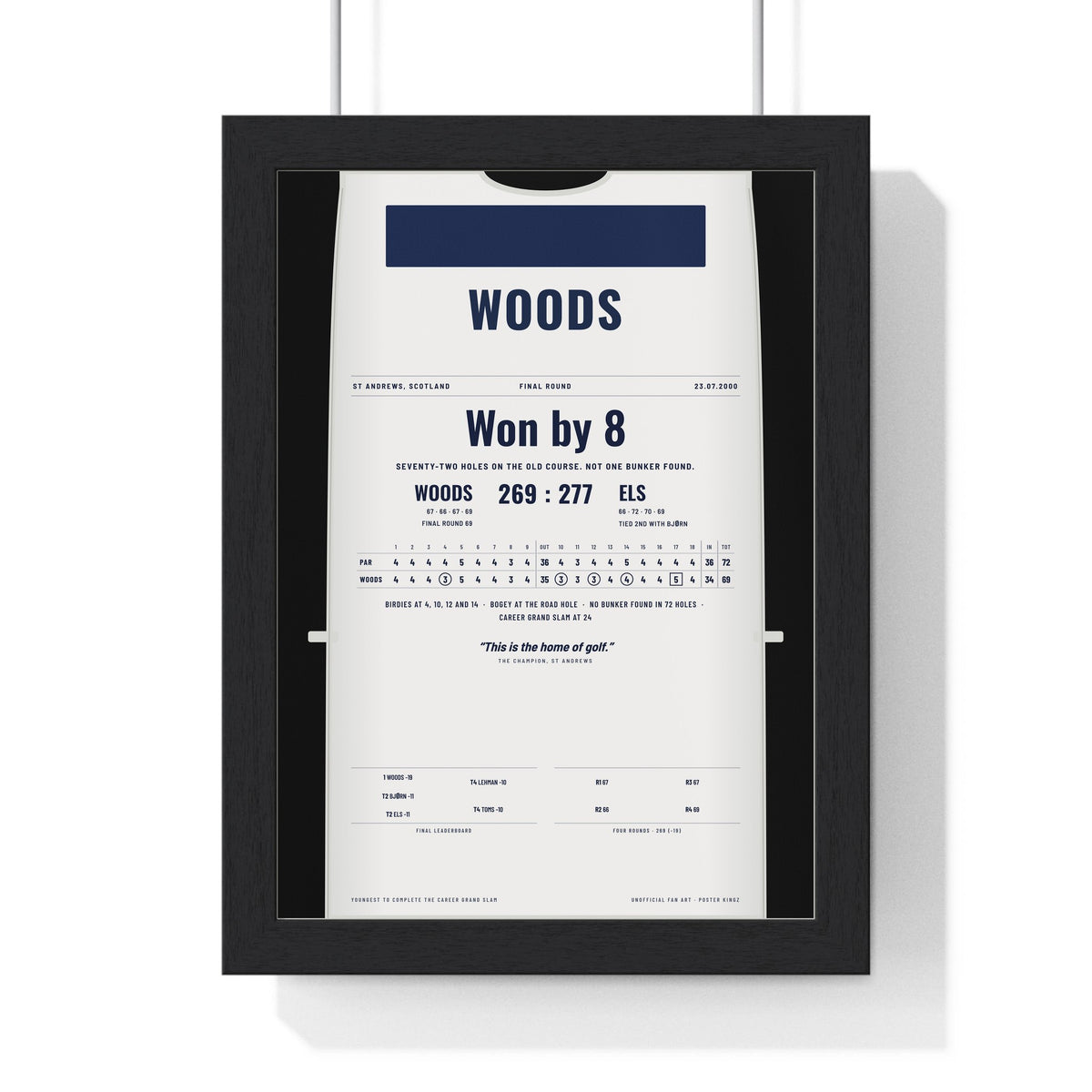 St Andrews 2000 Golf Poster - Caddie Bib 8 Shot Win Print framed in a black frame, ready to hang