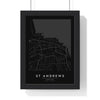 St Andrews street map poster in black, minimal city map print framed in a black frame