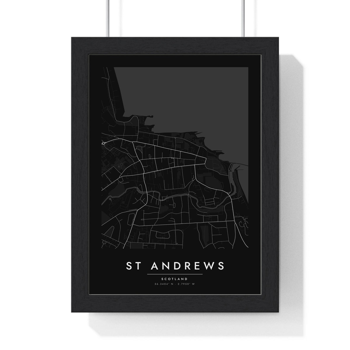 St Andrews street map poster in black, minimal city map print framed in a black frame