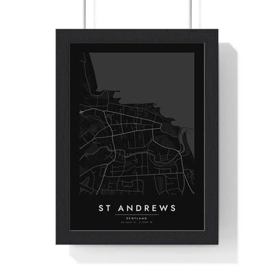 St Andrews street map poster in black, minimal city map print framed in a black frame