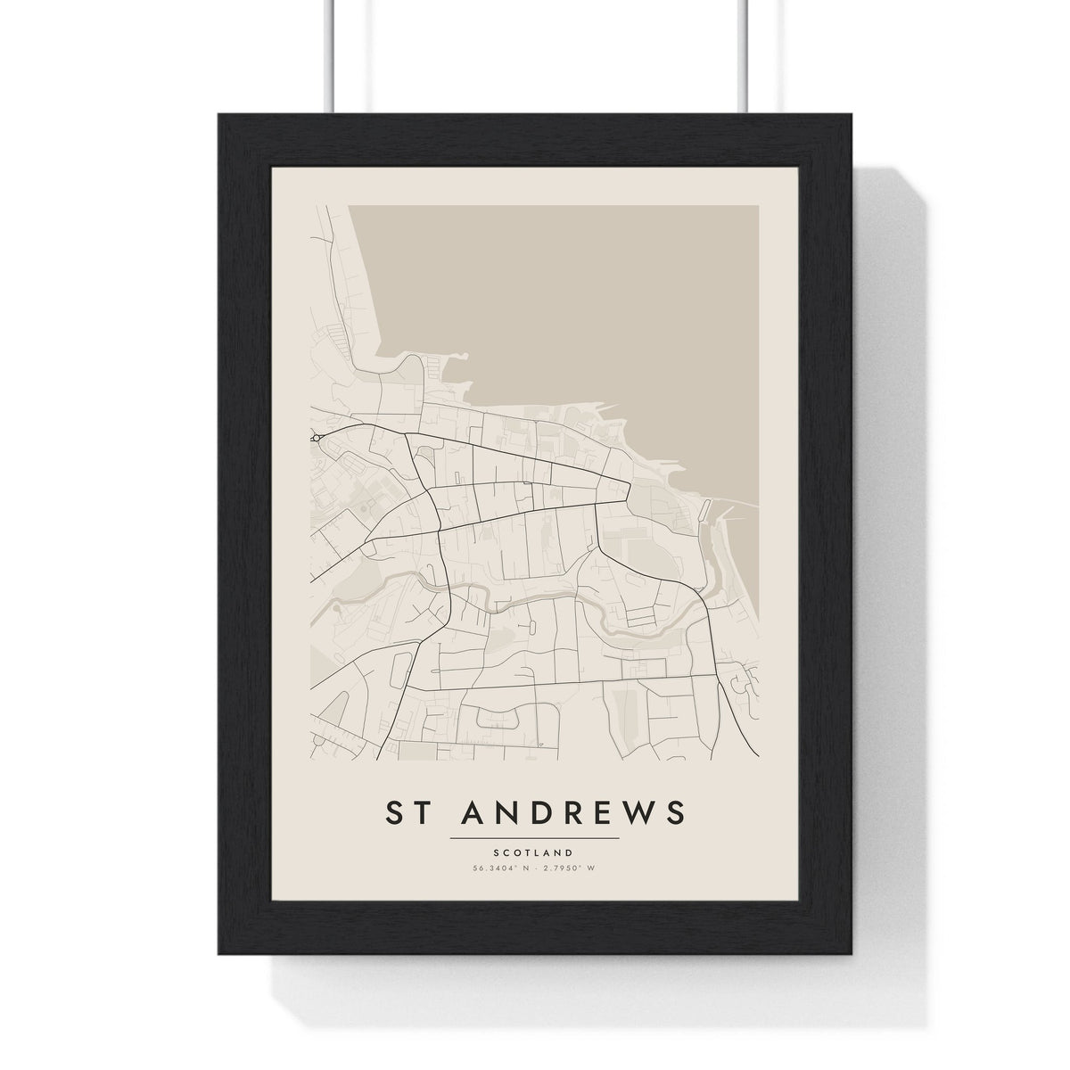 St Andrews street map poster in cream, minimal city map print framed in a black frame