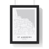 St Andrews street map poster in white, minimal city map print framed in a black frame