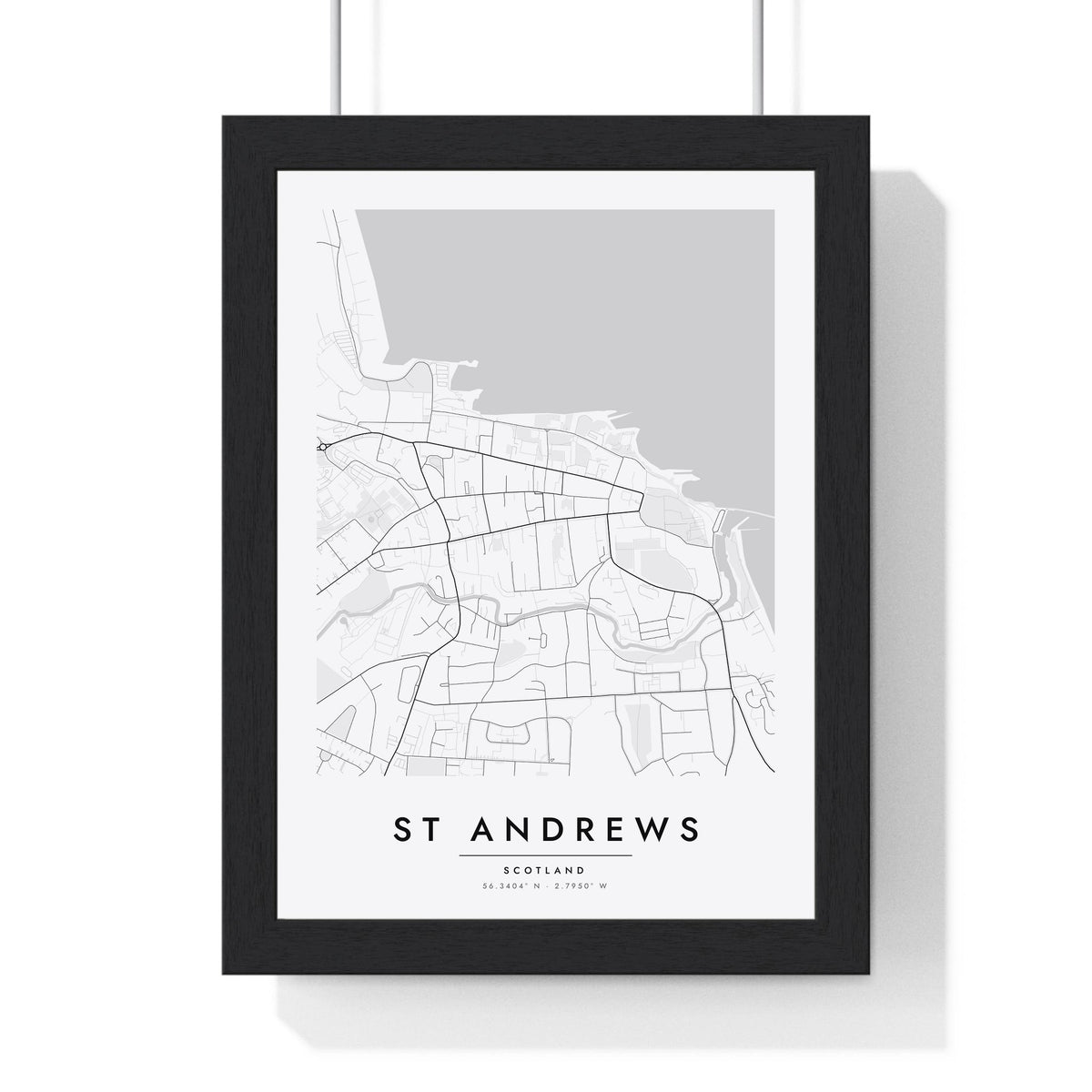 St Andrews street map poster in white, minimal city map print framed in a black frame