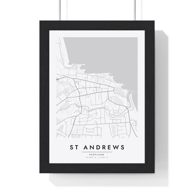 St Andrews street map poster in white, minimal city map print framed in a black frame