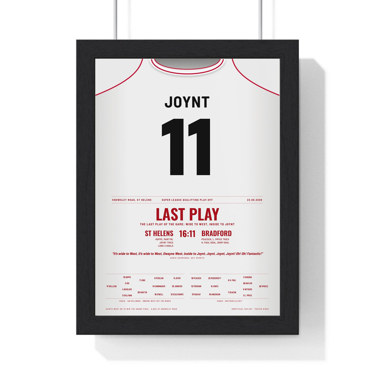 St Helens Wide to West 2000 Poster - Chris Joynt 11 Last-Play Try Knowsley Road Print framed in a black frame, ready to hang
