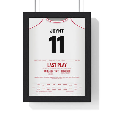 St Helens Wide to West 2000 Poster - Chris Joynt 11 Last-Play Try Knowsley Road Print framed in a black frame, ready to hang