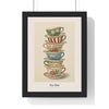 Stacked Teacups Print framed in a black frame, ready to hang