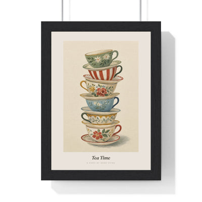 Stacked Teacups Print framed in a black frame, ready to hang