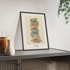 Stacked Teacups Print framed and leaning on a sideboard
