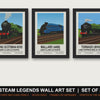 Steam Legends Wall Art Set | Set of 3 Train Prints: Flying Scotsman, Mallard, Tornado