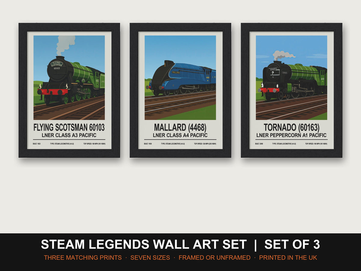 Steam Legends Wall Art Set | Set of 3 Train Prints: Flying Scotsman, Mallard, Tornado