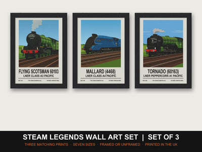 Steam Legends Wall Art Set | Set of 3 Train Prints: Flying Scotsman, Mallard, Tornado