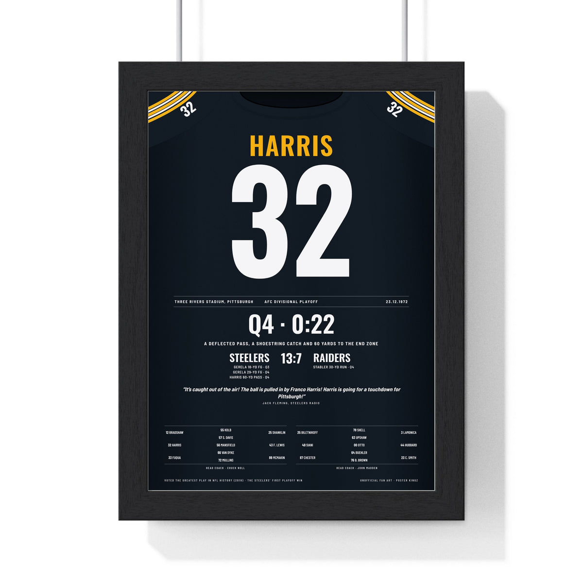 Pittsburgh Steelers 1972 AFC Playoff Poster - Franco Harris 32 Jersey Print framed in a black frame, ready to hang