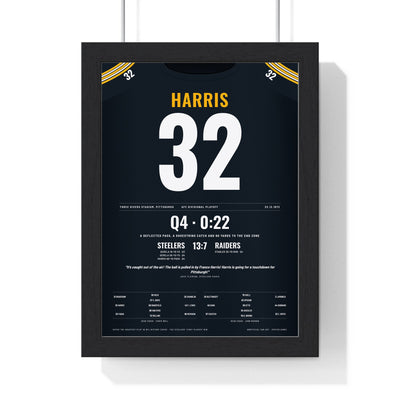Pittsburgh Steelers 1972 AFC Playoff Poster - Franco Harris 32 Jersey Print framed in a black frame, ready to hang