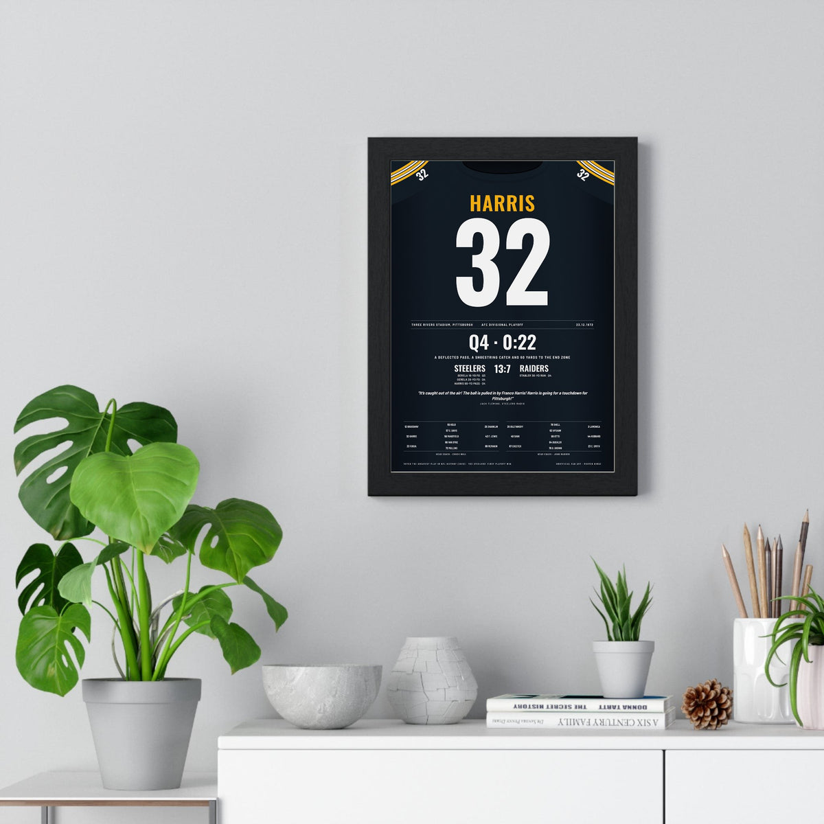 Pittsburgh Steelers 1972 AFC Playoff Poster - Franco Harris 32 Jersey Print framed on a living room wall