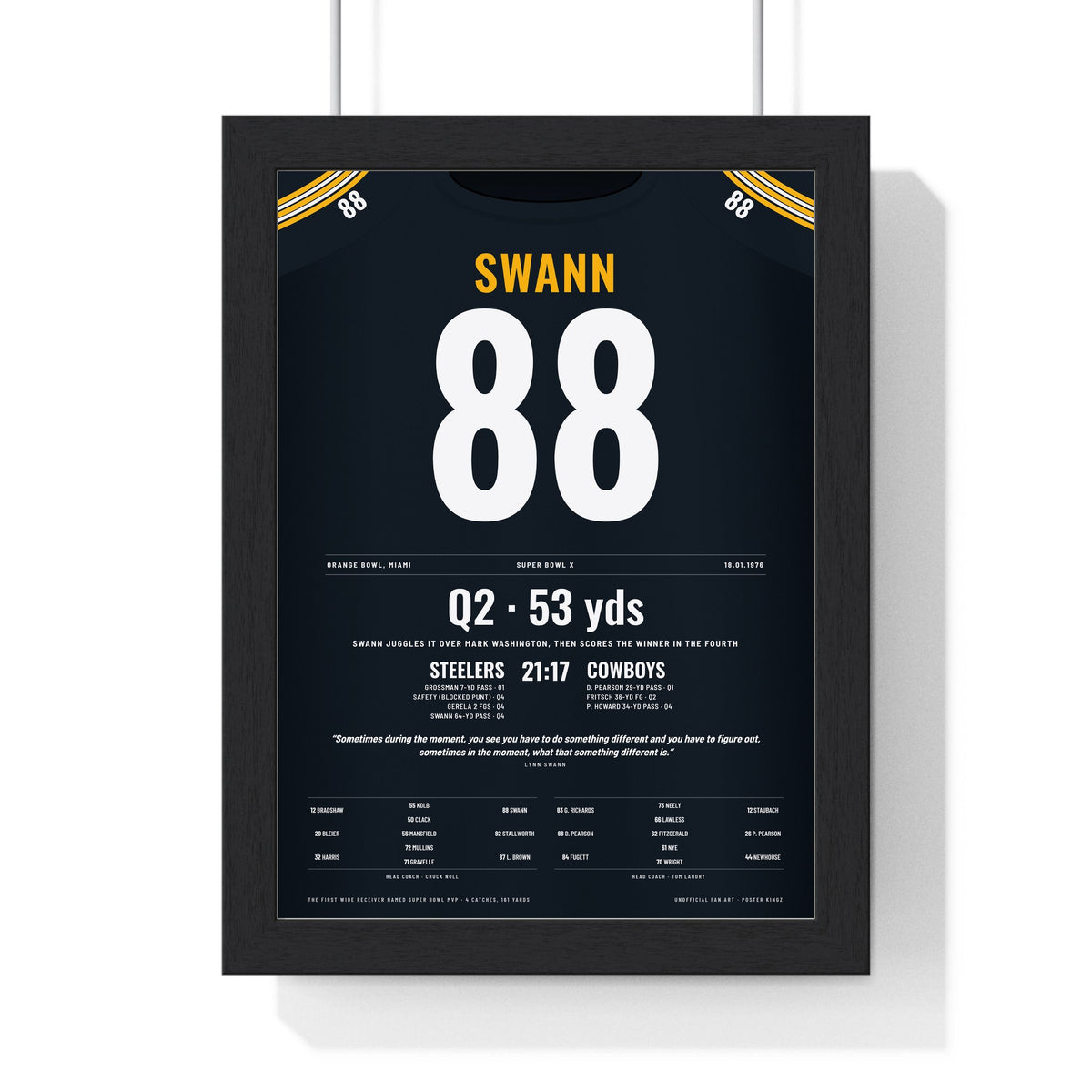 Pittsburgh Steelers Super Bowl X Poster - Lynn Swann 88 Leaping Catch Jersey Print framed in a black frame, ready to hang