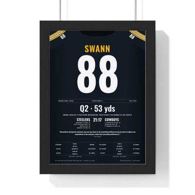 Pittsburgh Steelers Super Bowl X Poster - Lynn Swann 88 Leaping Catch Jersey Print framed in a black frame, ready to hang
