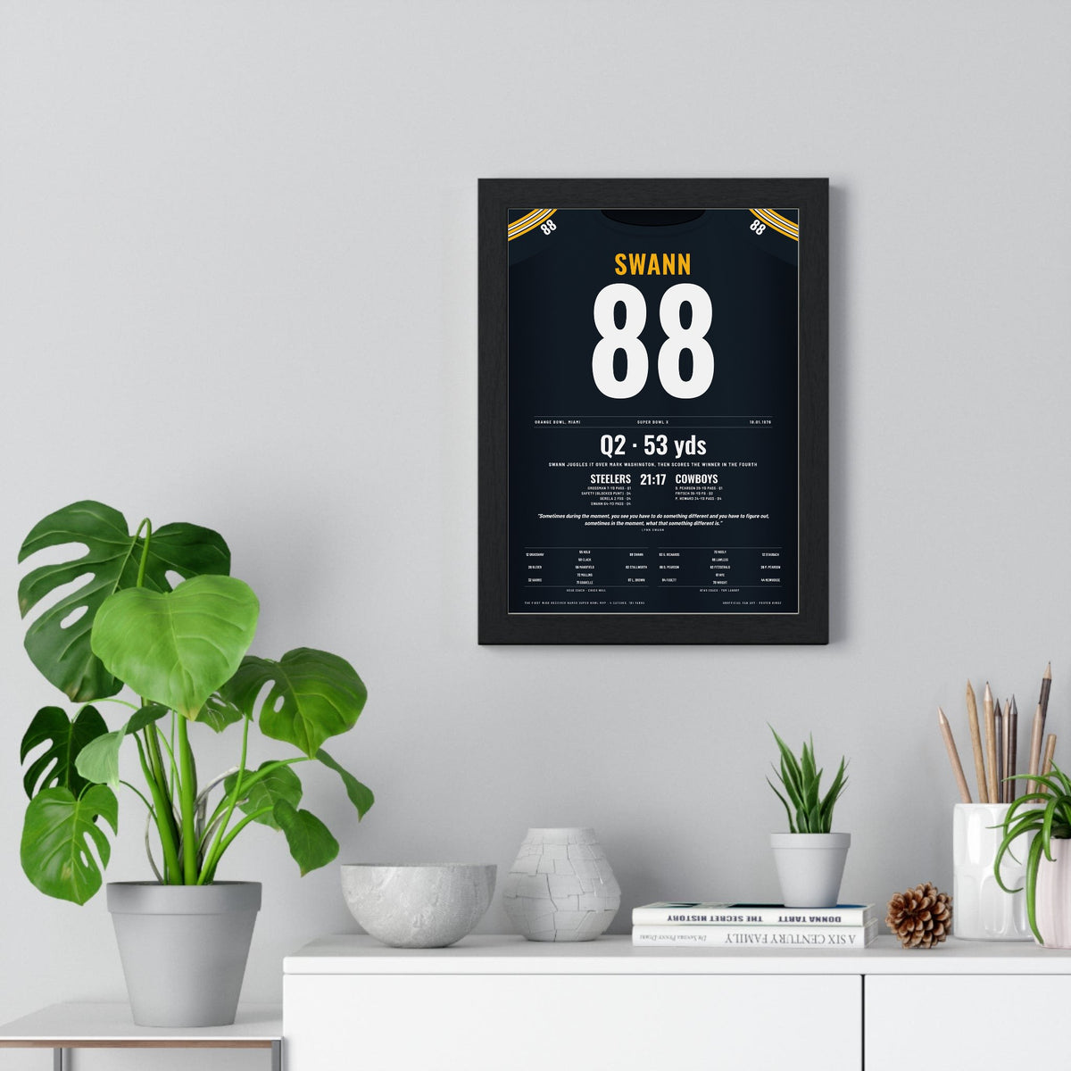 Pittsburgh Steelers Super Bowl X Poster - Lynn Swann 88 Leaping Catch Jersey Print framed on a living room wall