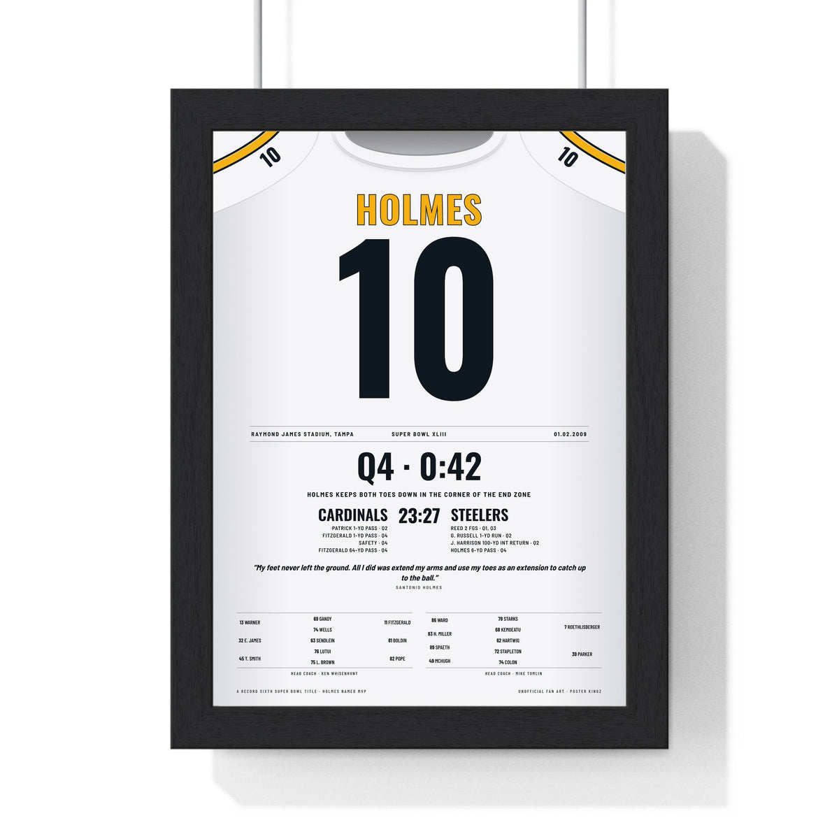 Pittsburgh Steelers Super Bowl XLIII Poster - Santonio Holmes 10 Toe-Tap Touchdown Jersey Print framed in a black frame, ready to hang