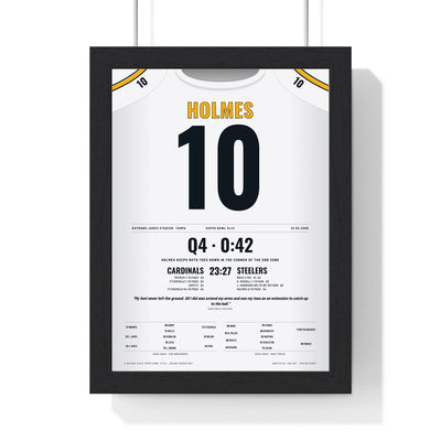 Pittsburgh Steelers Super Bowl XLIII Poster - Santonio Holmes 10 Toe-Tap Touchdown Jersey Print framed in a black frame, ready to hang