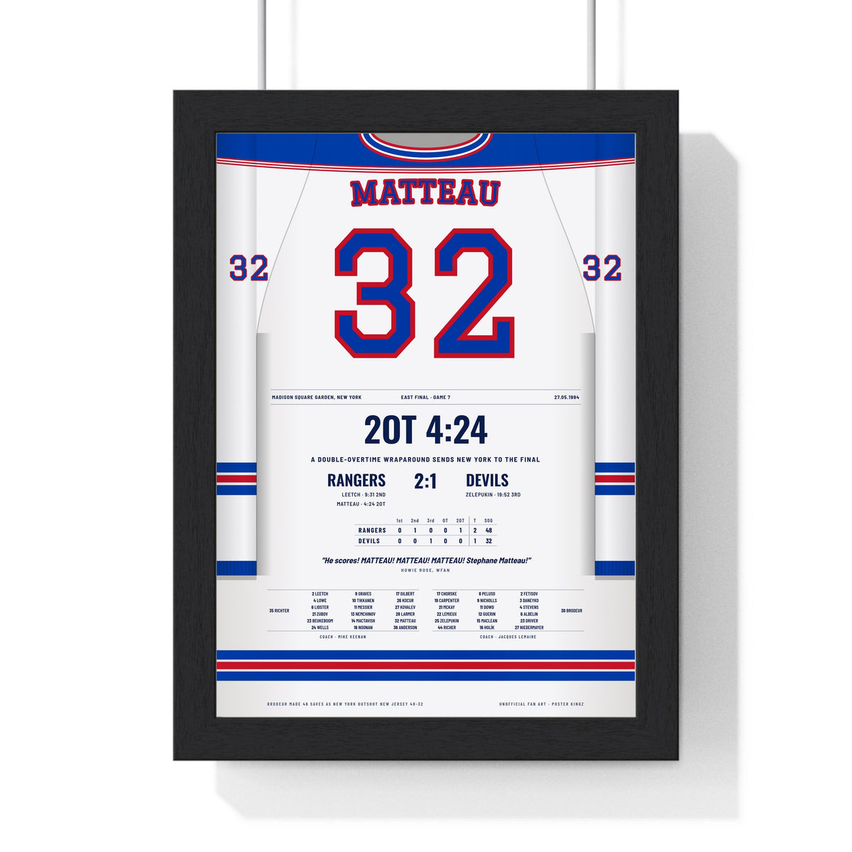 Stephane Matteau 1994 Double Overtime Winner Poster - New York Rangers 32 Hockey Jersey Print framed in a black frame, ready to hang