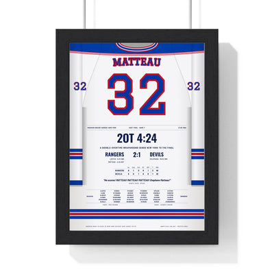 Stephane Matteau 1994 Double Overtime Winner Poster - New York Rangers 32 Hockey Jersey Print framed in a black frame, ready to hang