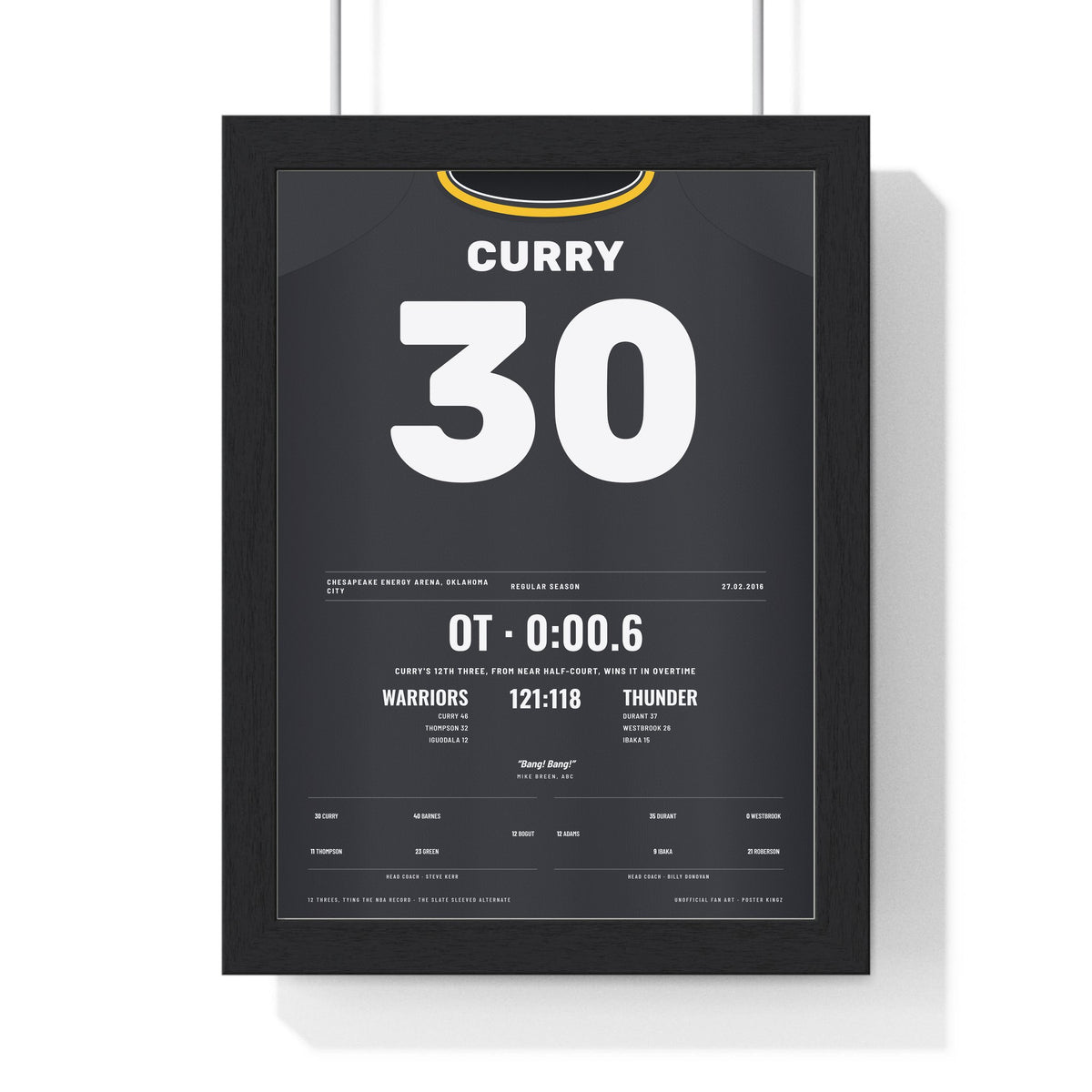 Stephen Curry 2016 Game-Winner at OKC Poster - Golden State Warriors 30 Jersey Print framed in a black frame, ready to hang