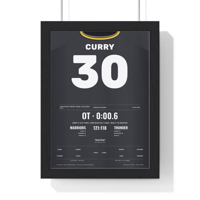 Stephen Curry 2016 Game-Winner at OKC Poster - Golden State Warriors 30 Jersey Print framed in a black frame, ready to hang