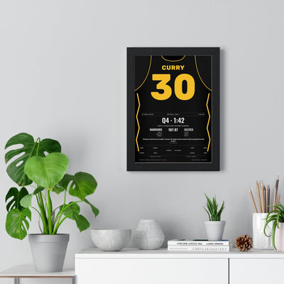 Stephen Curry 2022 NBA Finals Game 4 Poster - Golden State Warriors 30 43 Points Jersey Print framed on a living room wall