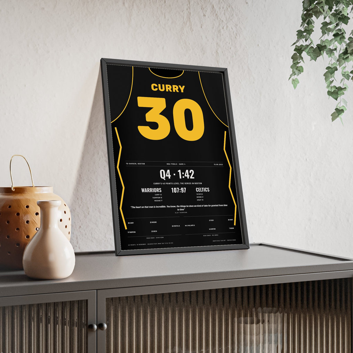 Stephen Curry 2022 NBA Finals Game 4 Poster - Golden State Warriors 30 43 Points Jersey Print framed and leaning on a sideboard