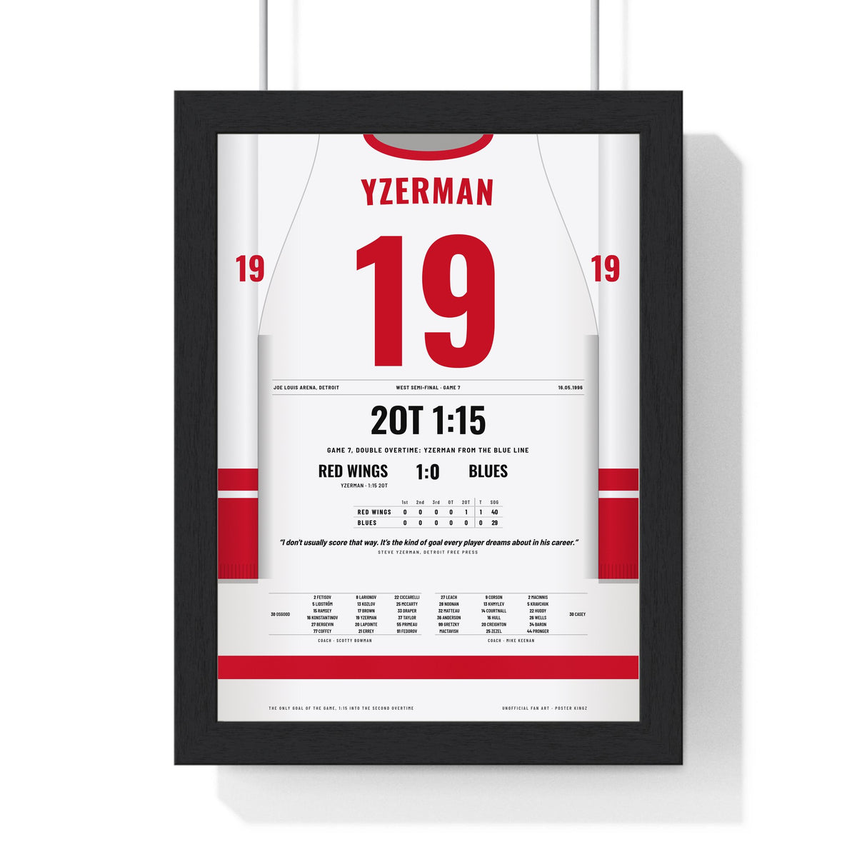 Steve Yzerman 1996 Double Overtime Winner Poster - Detroit Red Wings 19 Hockey Jersey Print framed in a black frame, ready to hang