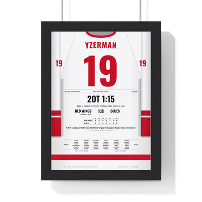 Steve Yzerman 1996 Double Overtime Winner Poster - Detroit Red Wings 19 Hockey Jersey Print framed in a black frame, ready to hang