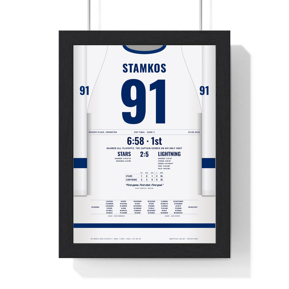 Steven Stamkos 2020 Cup Final Game 3 Goal Poster - Tampa Bay Lightning 91 Hockey Jersey Print framed in a black frame, ready to hang