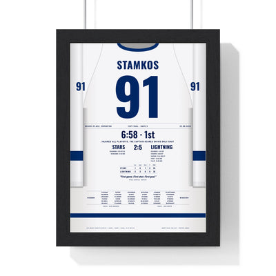 Steven Stamkos 2020 Cup Final Game 3 Goal Poster - Tampa Bay Lightning 91 Hockey Jersey Print framed in a black frame, ready to hang