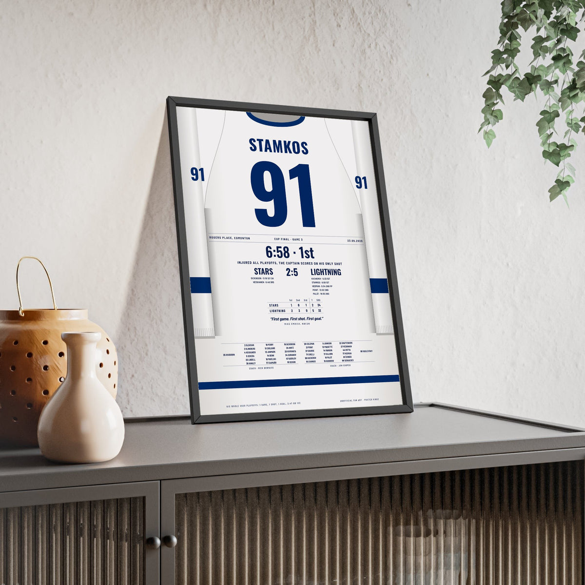 Steven Stamkos 2020 Cup Final Game 3 Goal Poster - Tampa Bay Lightning 91 Hockey Jersey Print framed and leaning on a sideboard