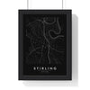 Stirling street map poster in black, minimal city map print framed in a black frame